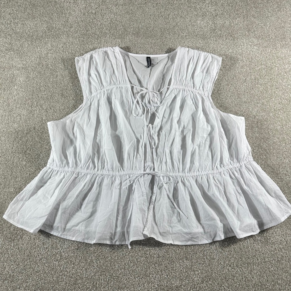H&M Divided White Cotton Tie Front Peplum Blouse Tiered Top sz XXL Cottage Boho